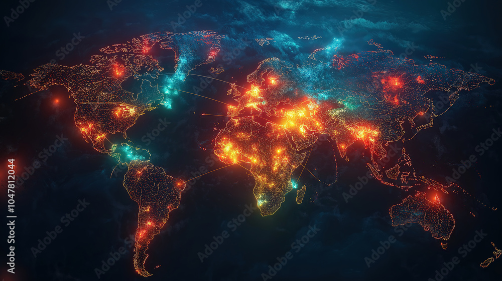 Poster sophisticated visualization of the world map highlighting interconnectedness in globalization