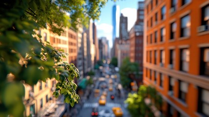 A blurred elegant city view features a bokeh effect with yellow taxis passing under a clear sky,...