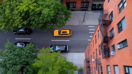 This aerial shot captures yellow taxi navigating through a city street surrounded by brick...