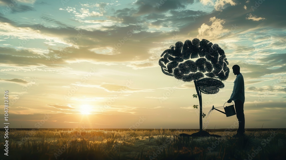 Poster a man waters a tree shaped like a brain against a beautiful sunset, representing the growth of knowl