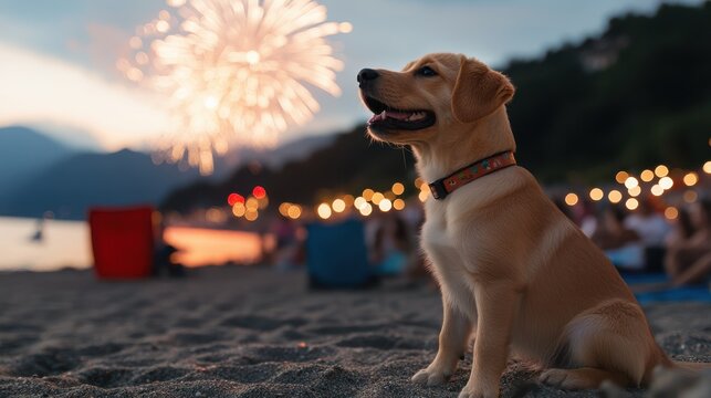 A cute yellow Labrador puppy sitting on a sandy beach during a vibrant fireworks show, capturing the essence of joy, companionship, and celebration in a serene setting.