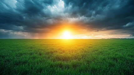 A dramatic sunbeam piercing through dark rain clouds, illuminating a vibrant green field below, creating a striking contrast against the stormy sky