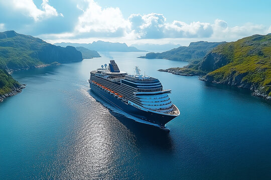 Cruise ship in the fjord. Close-up shot from a drone