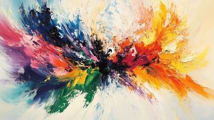 A high-energy, multicolored painting dominating a gallery filled with soft, beige-toned classical art, its vibrant hues grabbing every viewer's attention