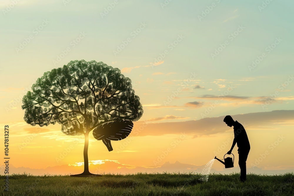 Poster a silhouette of a man watering a tree shaped like a brain during sunset, representing the nurturing 