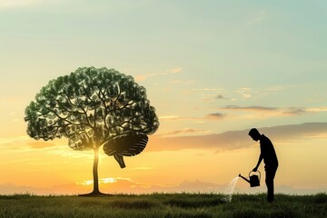 A silhouette of a man watering a tree shaped like a brain during sunset, representing the nurturing of ideas and intellectual growth. Generative AI