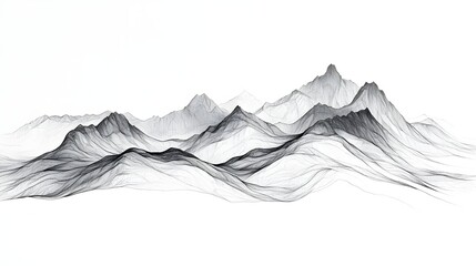 Abstract pencil sketch of rocky mountains, black and white, detailed linework, high-contrast, silhouette concept, minimalistic, strong composition on a white background