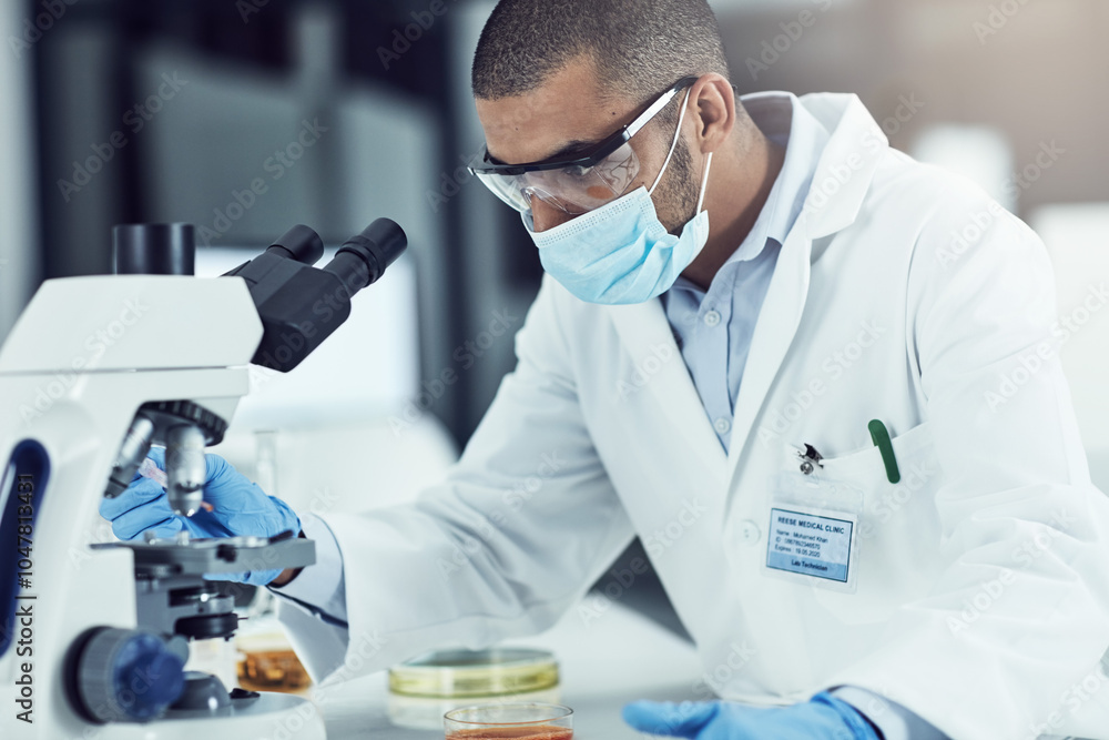 Poster Man, microscope and science at lab for study, ppe and blood sample for mpox vaccine development. Person, equipment and solution with pharma innovation, medicine and face mask for healthcare crisis