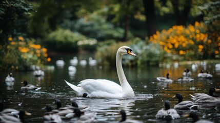 Obraz premium A lone swan elegantly swimming in a pond of ducks, its sleek white feathers and grace contrasting with the ordinary birds. swan contrast, nature scene