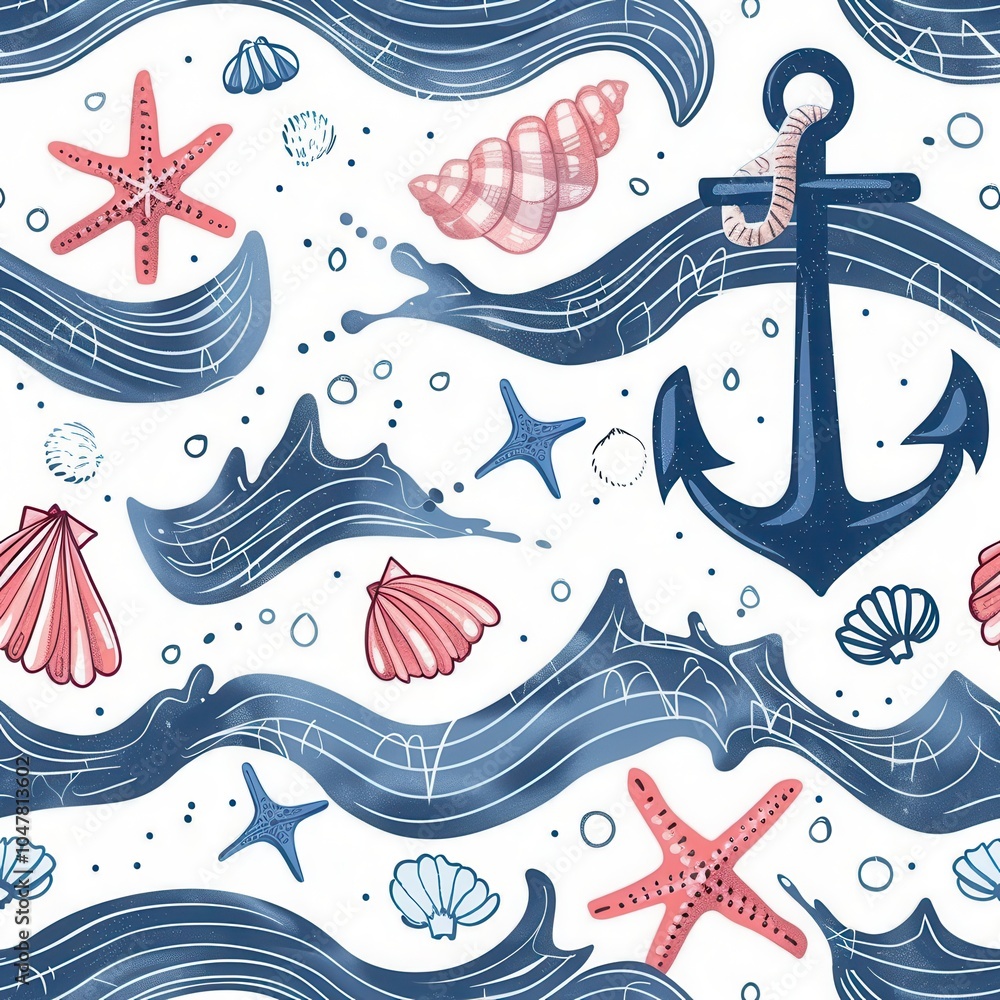 Poster a vibrant pattern showcases various seashells, starfish, and an anchor intertwined with flowing wave
