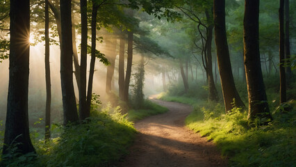 Obraz premium Tranquil Forest Path at Sunrise AI