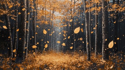 A tranquil autumn forest with golden leaves floating down, capturing the serene beauty and calm of nature's life cycle
