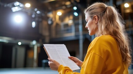 A woman stands on a well-lit stage, focusing on a script, preparing for a performance. The bright lights highlight her concentrated anticipation and artistic dedication.