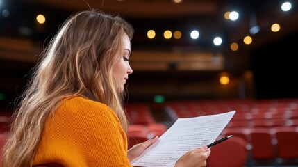 A young woman, deep in thought, reviews her script while seated in the empty red seats of a theater, capturing the essence of determination and focus.