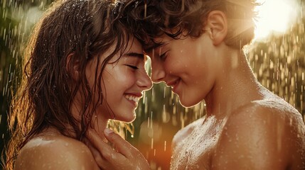 Fototapeta premium A romantic close-up of a couple in scanty clothing, holding each other tightly while smiling brightly, their love and joy palpable in a vibrant, sunlit garden and the hard rain