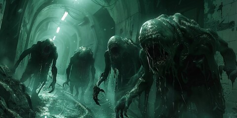 Sinister creatures lurk in dimly lit underground tunnel during eerie exploration. Generative AI
