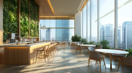 Fototapeta premium Modern cafe interior with greenery and city view
