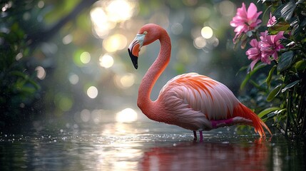 A vibrant pink flamingo stands gracefully in a serene water setting adorned with flowers.