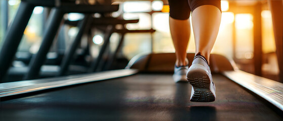Person running on a treadmill in a gym with warm light shining through windows.
