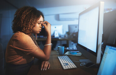 Woman, computer and eye strain at night in office, pc glitch and anxiety for article deadline. Female person, migraine and reporter for editing column in workplace, sight difficulty and 404 error