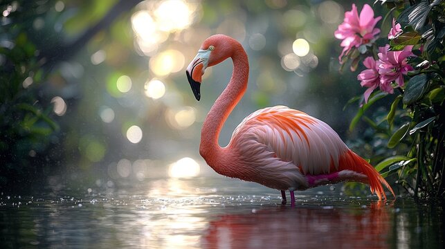 A vibrant pink flamingo stands gracefully in a serene water setting adorned with flowers.
