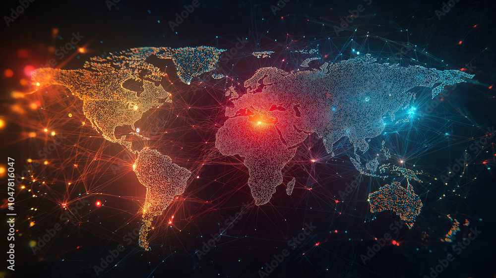 Poster connected world map illustrating social networks and globalization in business dynamics