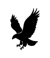 Black and white silhouette of an eagle mid-flight with wings spread wide.