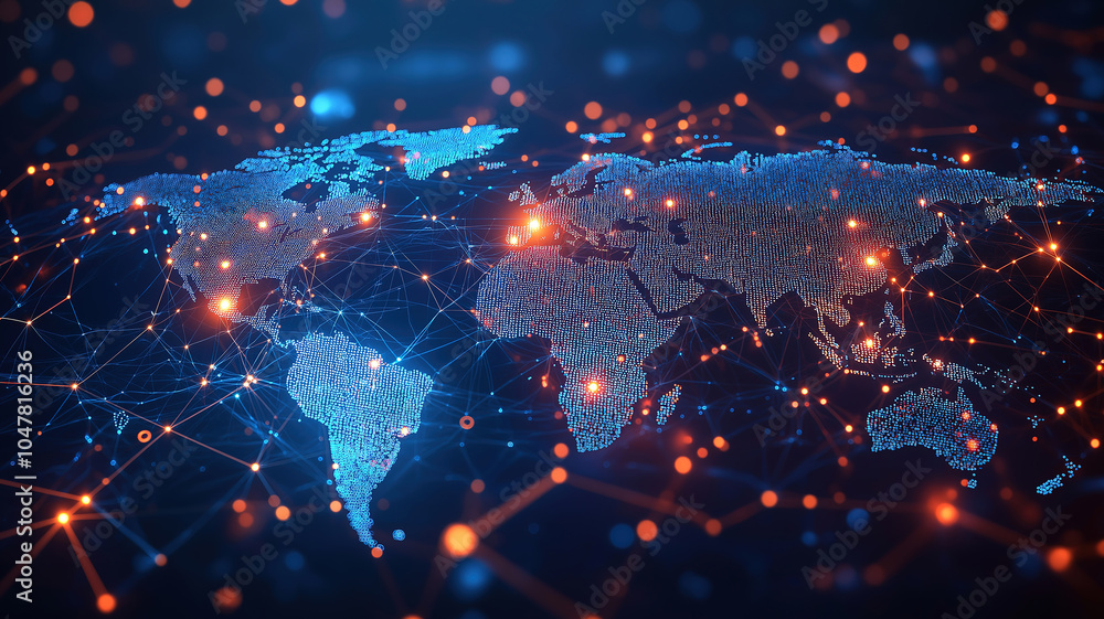 Poster Global communication network visualized through connected points on a world map