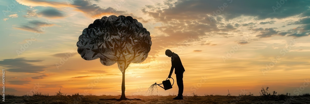 Poster a silhouette of a man tending to a tree shaped like a brain during a vibrant sunset, representing th