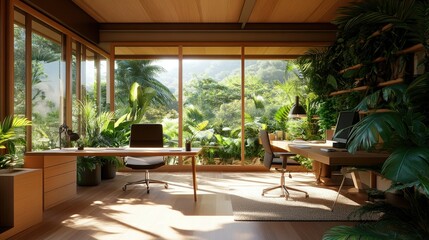 Obraz premium Modern Office with Abundant Indoor Plants and Natural Light