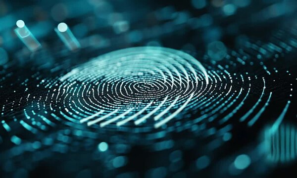 A close-up of a circular pattern resembling a fingerprint with a glowing, digital aesthetic.