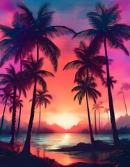 Obraz premium Silhouetted palm trees against a vibrant sunset reflecting on calm waters in a tropical paradise setting. Generative AI