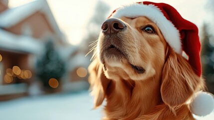 A golden retriever in a Santa hat enjoys the holiday cheer, set against a snowy background, capturing warmth, jolliness, and festive spirit perfectly.