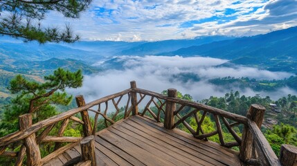 Fototapeta premium Scenic Mountain View from a Wooden Deck