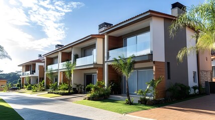 Fototapeta premium A facade depicting a modern, simple, multi-family residential building in the Brazilian architectural style.