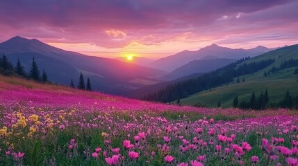 Fototapeta premium Serene Sunset Over Colorful Flower Meadow