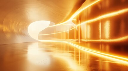 Minimalist futuristic stage with golden light, sleek metallic surfaces, glowing lines tracing the architecture, clean design, 3D rendering, soft shadows, ethereal atmosphere
