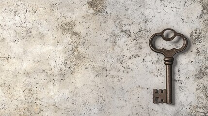An antique skeleton key lies on a textured concrete surface.