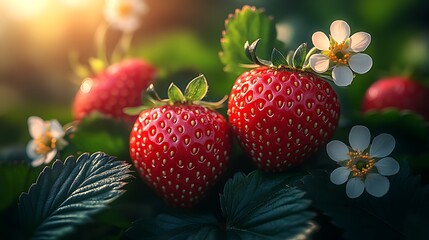 Close-up of ripe red strawberries with white flowers on a green leafy plant in a field lit by the sun.