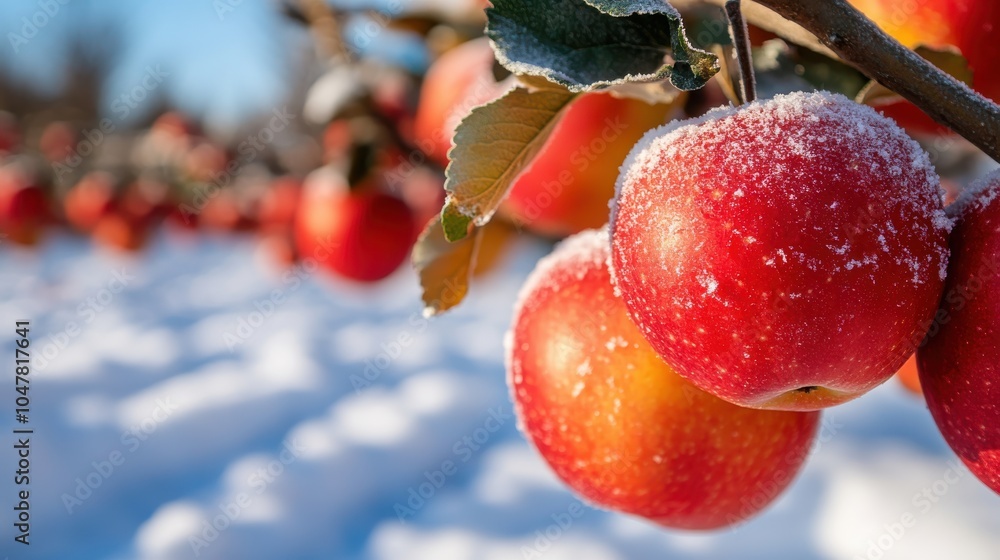 Poster close-up of red apples with a frosty layer on them, hanging on a branch in a snow-covered orchard, r