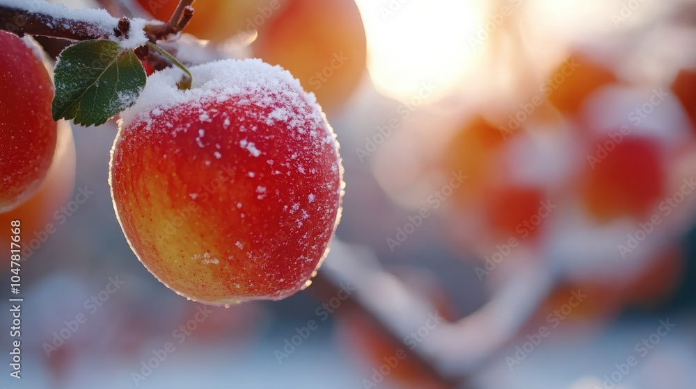 Poster a close-up image of a single apple on a tree branch dusted with snow, set against a backdrop of soft