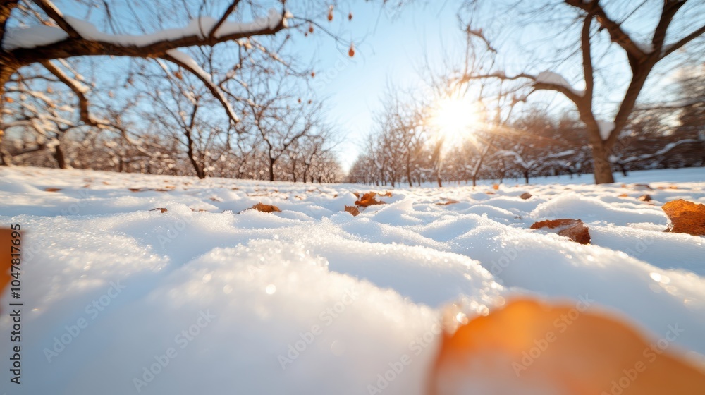 Poster a low-angle shot of a snow-covered orchard with sunlight streaming through the trees and fallen leav