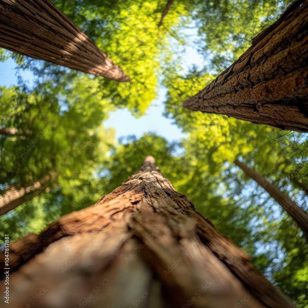 Poster a stunning view of majestic trees reaching towards the sky, captured in a vivid forest setting with 