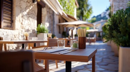 A quaint street caf&eacute; featuring sunlit rustic furniture, providing a warm and inviting atmosphere perfect for enjoying a relaxing meal or thoughtful conversation.