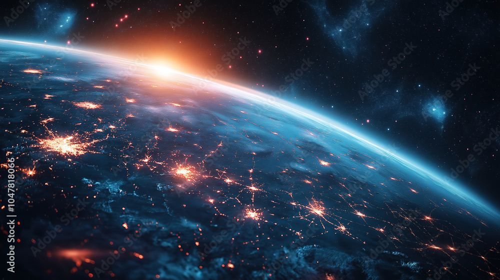 Aufkleber global telecommunication network connecting nodes around earth for worldwide communication