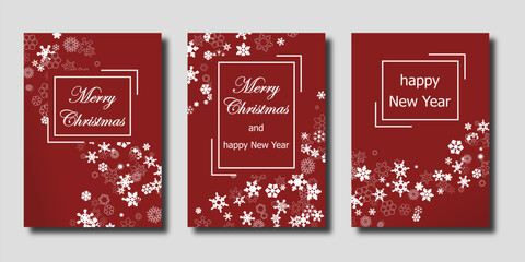 Christmas cards, set of templates design for greeting, banner, flyer,on the gradient background with many snowflakes. bright vector illustration for invitation, poster, frame en white and red tones.