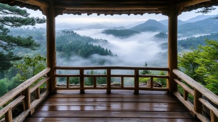 Serene Mountain View from a Wooden Pavilion