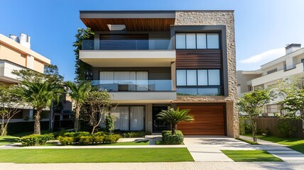 Obraz premium A facade depicting a modern, simple, multi-family residential building in the Brazilian architectural style.