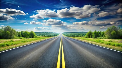 Symmetrical highway split by empty stretch of road with clear blue sky