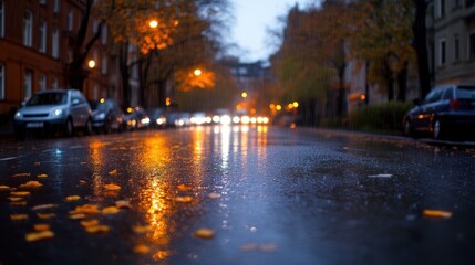 A quiet urban street scene, where the damp road reflects glowing city lights amidst a backdrop of autumn foliage, evokes a sense of calm during a gentle rainfall.